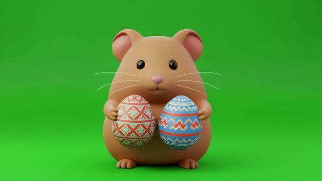 Cute hamster holding easter egg with cinematic motion against a green screen background