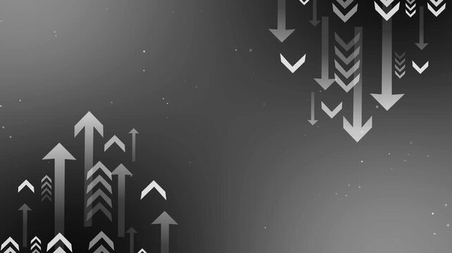 Abstract background with rising and falling arrows showing growth decline data flow and business trend concepts animation