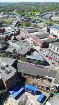 High Angle Vertical Footage of of Central City and Downtown District of Rotherham, South Yorkshire, England United Kingdom, April 30th, 2024. 