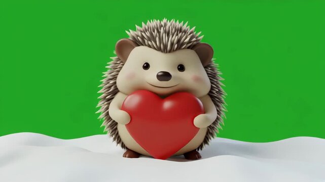 Cute hedgehog holding red heart in snowy setting with green screen background