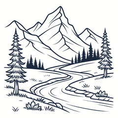 Obraz premium Scenic alpine landscape featuring high mountain peaks evergreen forest and flowing water stream line art vector design for camping branding travel brochures and nature themed coloring activity pages.
