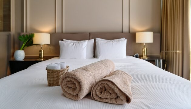 luxury hotel interior emphasizing hygiene with neatly placed beige towels and toiletries on double bed
