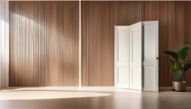 minimalist white interior design with folding door open and copy space background accented by wooden wall