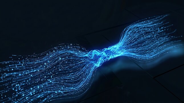 Blue glowing data stream flowing on dark background