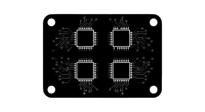 Minimal black silhouette icon, simple flat vector, bold black shape, no gradients, no shading black pcb with four square ics and traces, on a, flat icon style