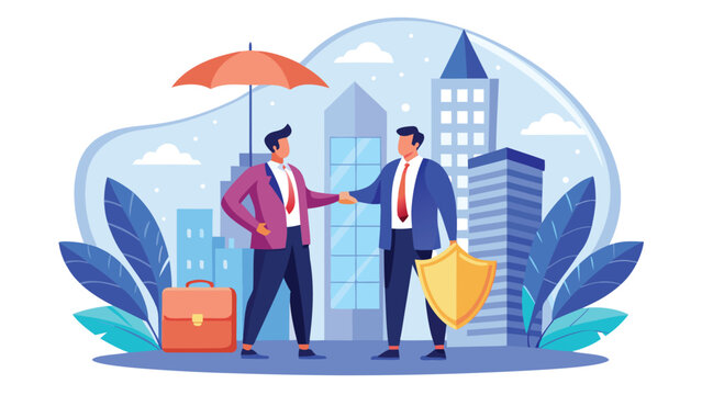 Businessmen shaking hands under an umbrella with a shield and briefcase in a city skyline symbolizing protection and agreement