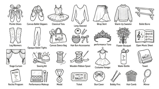 Vintage Hand Drawn Ballet Dancewear Vector Illustration Collection with Pointe Shoes Tutu Leotard and Classical Dance Accessories