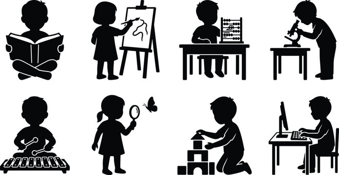 Children Learning Activity Silhouette Collection Educational Vector Set