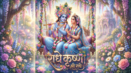 Obraz premium Radha Krishna on Floral Swing in Enchanted Garden for Spiritual Greeting Card Design