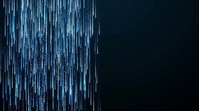 Glowing blue digital light trails falling on dark background