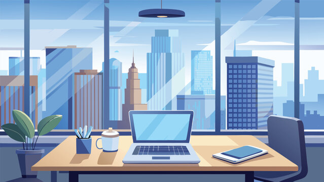 Modern office desk with laptop and cityscape view during bright daylight conceptualizing remote work and urban lifestyle