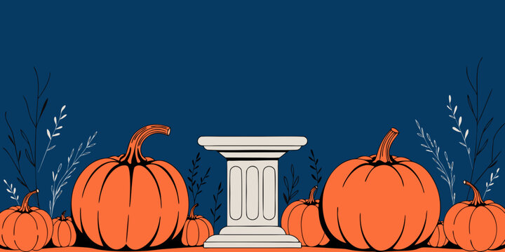Illustration of two large pumpkins flanking a white pedestal with smaller pumpkins and autumn leaves pumpkin patch plant life still life pedestal illustration vegetable botanical composite