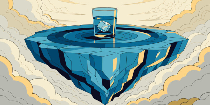 A glass of water with an ice cube floating on top placed on a floating island in the sky digital illustration drinking glass floating illustration creative refreshing transparent container