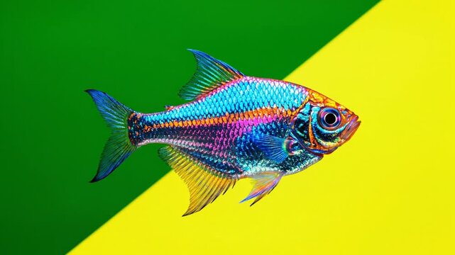 Mesmerizing Neon Rainbow Fish Dancing Gracefully Against Green and Yellow Background