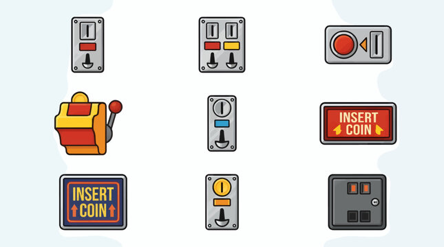 Flat Design Vector Icons of Classic Arcade Game Coin Slots and Acceptors, Including Slot Machines and Insert Coin Signs, Graphic Resource Set