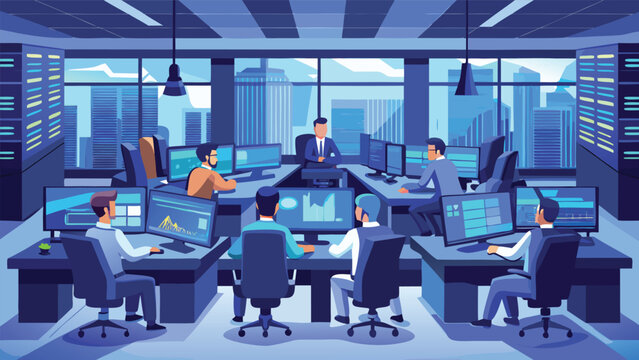 Team collaborating in a modern control room with city skyline backdrop during the day