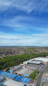High Angle Vertical Footage of of Central City and Downtown District of Rotherham, South Yorkshire, England United Kingdom, April 30th, 2024. 