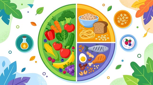 Balanced diet plate with healthy food portions and nutrients
