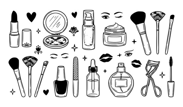Hand Drawn Makeup Doodle Vector Set with Cosmetic Beauty Collection