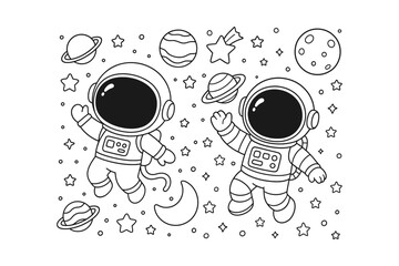 Two cute astronauts waving in space depicted as a simple black and white line art drawing for children coloring books © BWKit