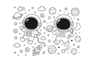 Two cute astronauts floating in space wearing detailed white suits with helmets in a simple black and white line drawing © BWKit