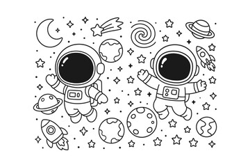Two cute astronauts floating in space with planets and rockets depicted as a fun black and white line art illustration © BWKit