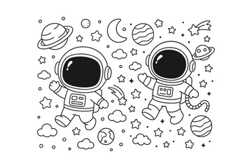 Two cute astronauts floating in space with planets and stars drawn in a simple clean black and white line style © BWKit