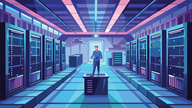 Man standing in a brightly lit server room with rows of computer racks during a presentation