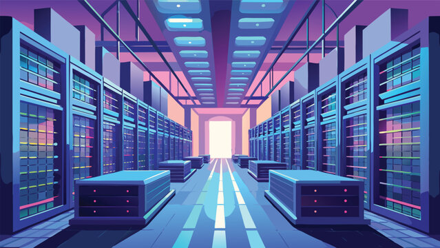 Rows of server racks in a brightly lit data center with a glowing exit in the distance during twilight