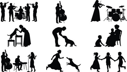 People Lifestyle Silhouette Bundle with Musicians Families Children and Dog Interaction Vector Collection © Md