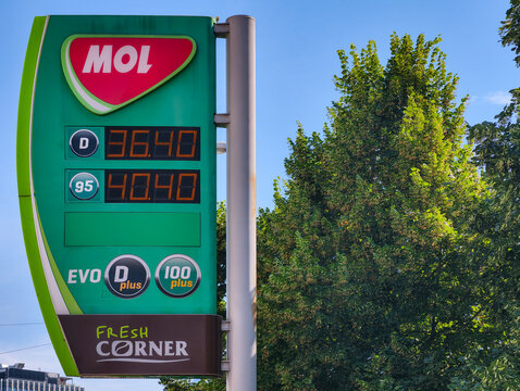 Prague, Czech Republic - June 28, 2026: MOL gas station fuel price display showing digital panels with current prices for multiple fuel types, outdoors with trees and clear sky.