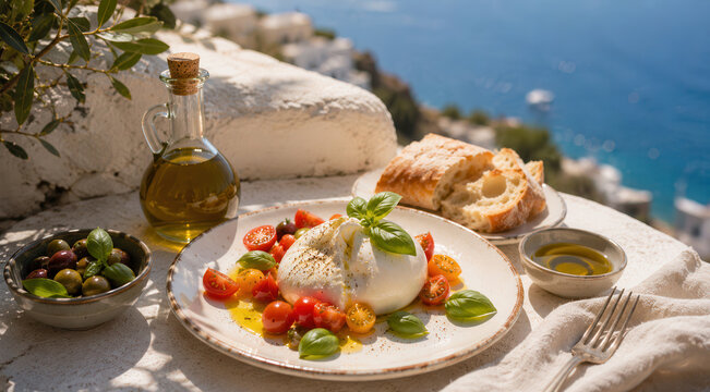 Burrata con pomodorini e basilico su terrazza mediterranea. Generative AI 