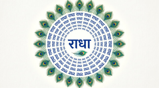 Radha Name Mandala with Peacock Feather Pattern for Spiritual Decorative Background Design