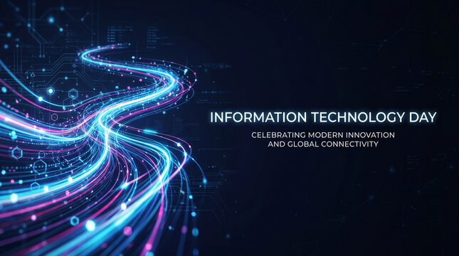 High-end abstract technology banner with dynamic digital light trails crossing one side of the frame while leaving extensive negative space, Information Technology Day concept