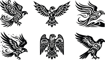Fototapeta premium Set of stylized black eagle and falcon emblems featuring tribal, geometric, and ornamental design elements