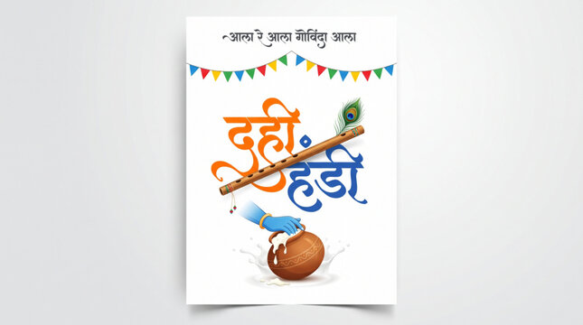 Dahi Handi Festival Typography with Flute and Butter Pot for Janmashtami Greeting Design