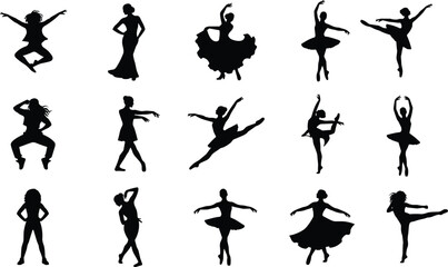 Women Dance Silhouette Collection with Ballet Performance and Elegant Pose Vector Set © Md