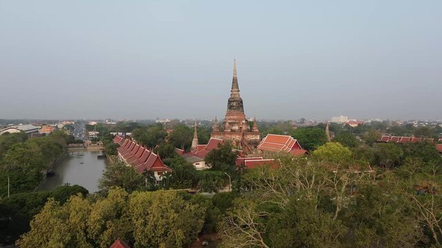 Aerial view of the historical landmark Wat Yai Chai Mongkol, Ayutthaya, Thailand.