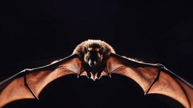 Bat in flight against dark background with outstretched wings and detailed membrane