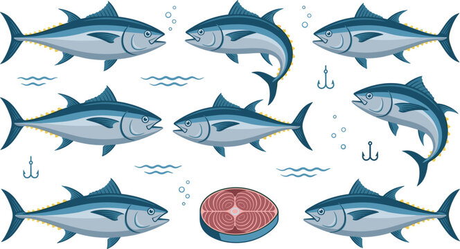 Blue tuna fish vector cartoon illustration set with ocean waves hooks steak and bubbles on white background