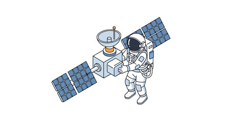 Astronaut repairing satellite in outer space orbit © Aiso