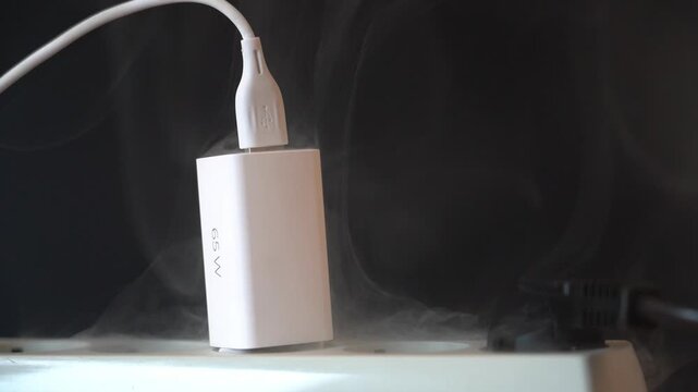 White charger emits thick smoke. USB cable plugged securely. Black background shows overheat. Charger overheats producing visible smoke. Electrical device malfunction scene. Safety warning footage