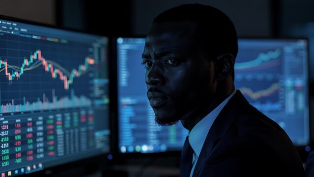 A focused trader intently analyzes financial market data displayed on multiple computer screens, showcasing a high-stakes trading environment with glowing charts and graphs.