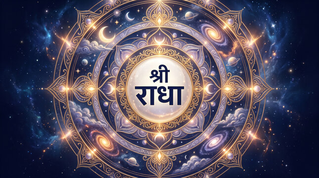 Sacred Radha Cosmic Mandala with Celestial Elements for Spiritual Background Design