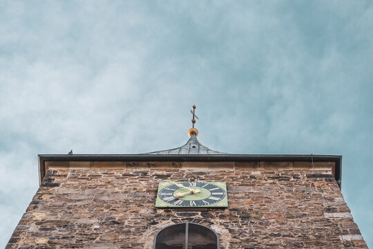 St. Martin Church Bramsche Historic Stone Church Tower with Clock at Market Square in Lower Saxony Germany