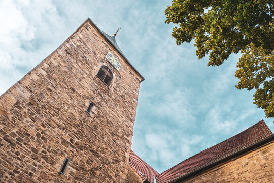 St. Martin Church Bramsche Historic Stone Church Tower with Clock at Market Square in Lower Saxony Germany