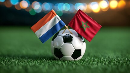 Naklejka premium International football match concept featuring Netherlands and Morocco flags on a soccer ball, positioned on a vibrant green turf field with glowing, out-of-focus stadium lights, symbolizing global sp