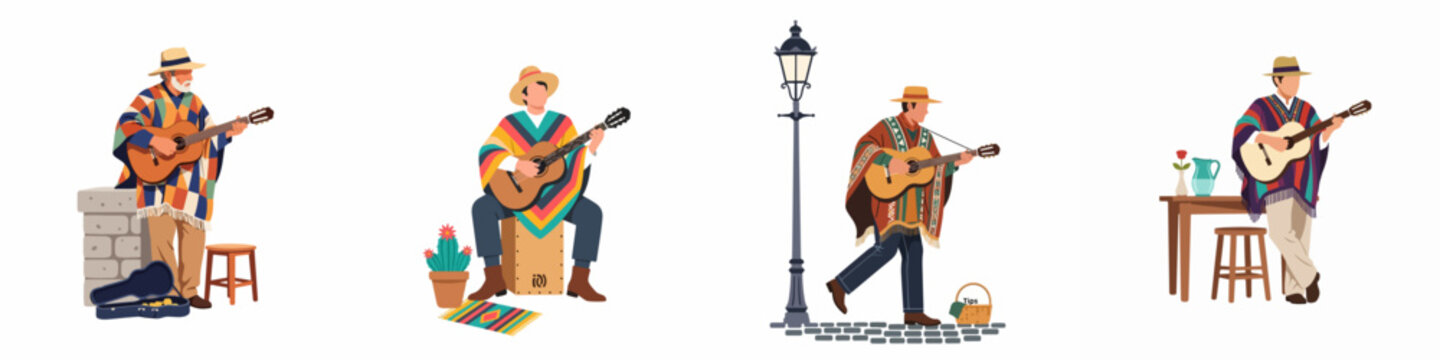 Collection of four Mexican musicians wearing traditional colorful ponchos and sombreros while playing acoustic guitars in various settings, from street scenes to tables.