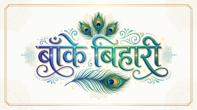 Bansuri Bihari Typography with Peacock Feathers for Spiritual Festival Greeting Design