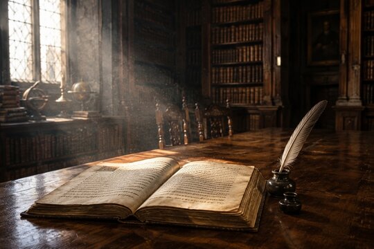 Wooden library table with manuscript, quill and inkwell in dust motes.